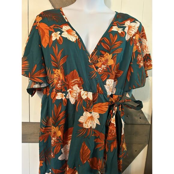 SHEIN Curve Teal Orange Floral Faux Wrap Dress 4X - Picture 1 of 6